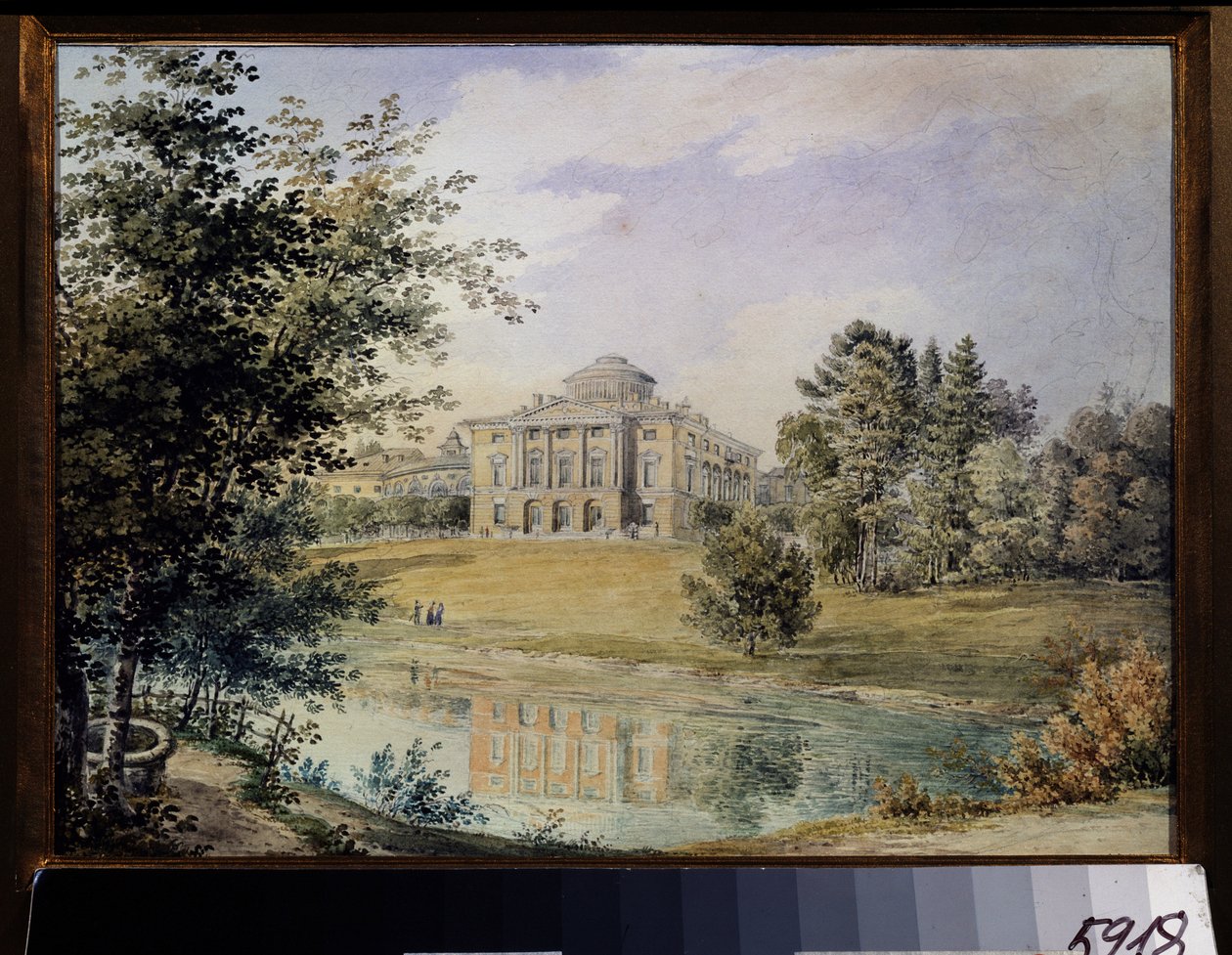 Vista del Palacio Pavlovsk (San Petersburgo). (Vista del Palacio Pavlovsk). Construido entre 1782 y 1786 por el arquitecto Charles Cameron. Obra de Yegor Yegorovich Meier (1822-1867), acuarela sobre papel de Yegor Yegorovich Meier