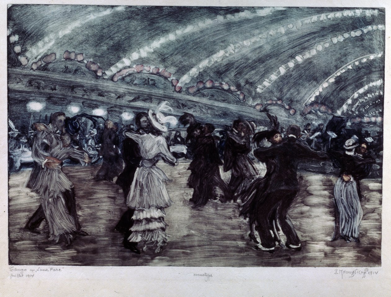 El Tango a Luna Park (Baile de Tango en el Luna Park). Parejas de bailarines en una amplia pista, iluminada desde el techo por guirnaldas de luz. Obra de arte de Yelisaveta (Elisabeth) Sergeyevna Krouglikova (Elizaveta Sergeevna Krouglikova) (1865-1941), g de Yelisaveta Sergeyevna Kruglikova