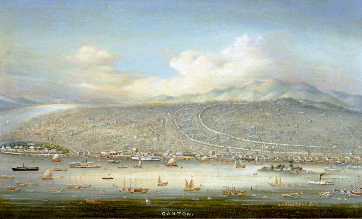 Vista de Cantón con la isla de Shamian en 1865, c.1880 (óleo sobre tabla) de Yichang Yichang