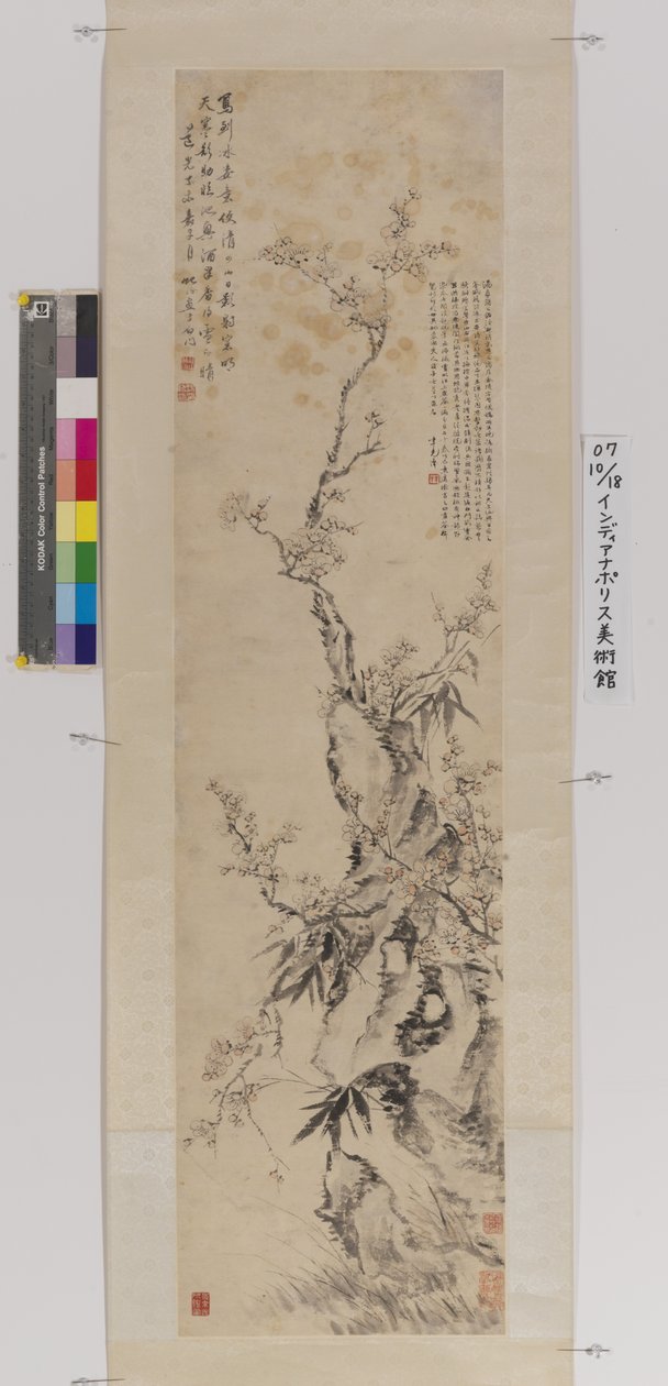 Plum, Bamboo And Rock (tinta y color sobre papel) de Yifen Tang