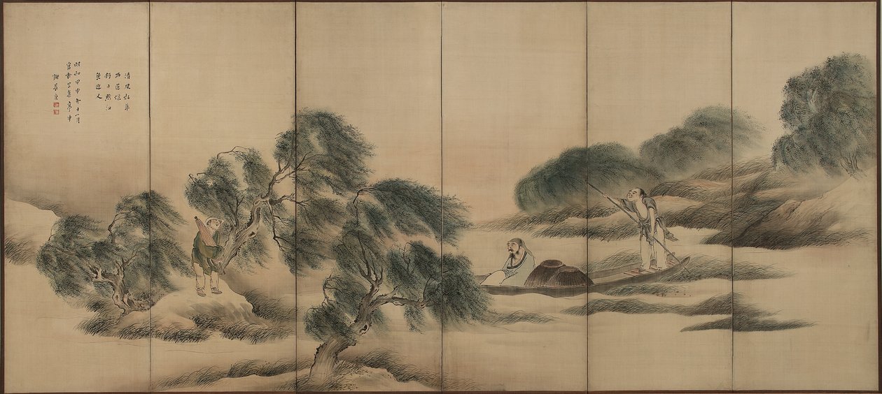 Pescando en un río después de la lluvia, período Edo de Yosa Buson
