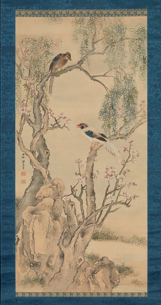 Aves en Sauces y Árbol de Durazno en Flor de Yosa Buson