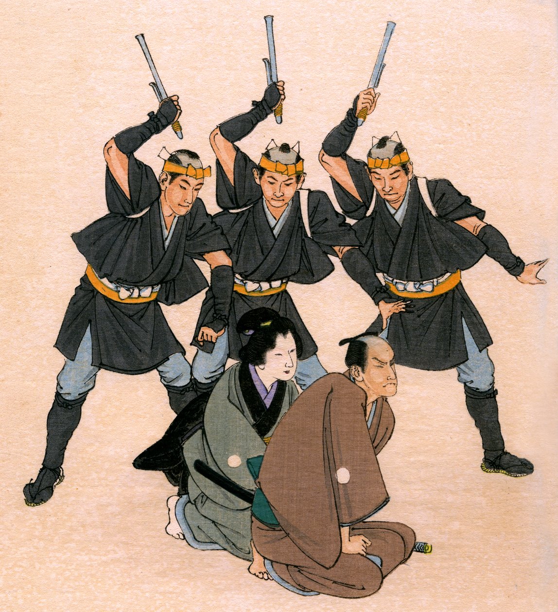 Teatro tradicional japonés: tres hombres de armas amenazan a un personaje masculino y otro femenino de Yoshimune Arai