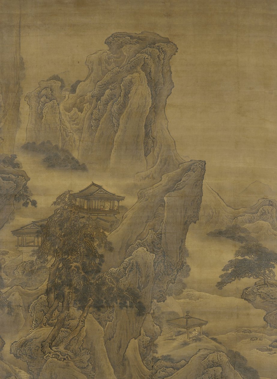 Río brumoso y acantilados en capas, dinastía Ming (tinta y color sobre seda) de Yuan Jiang