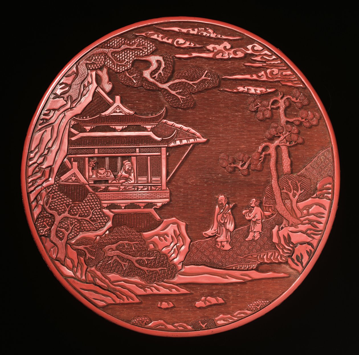 Caja Circular de Cinabrio Tallado con Tapa de Yuan Dynasty Chinese School