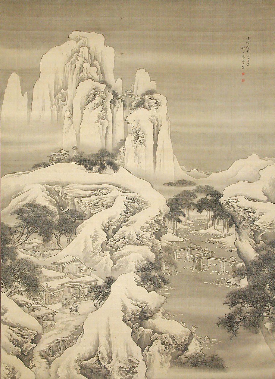 Posada y viajeros en montañas nevadas de Yuan Yao