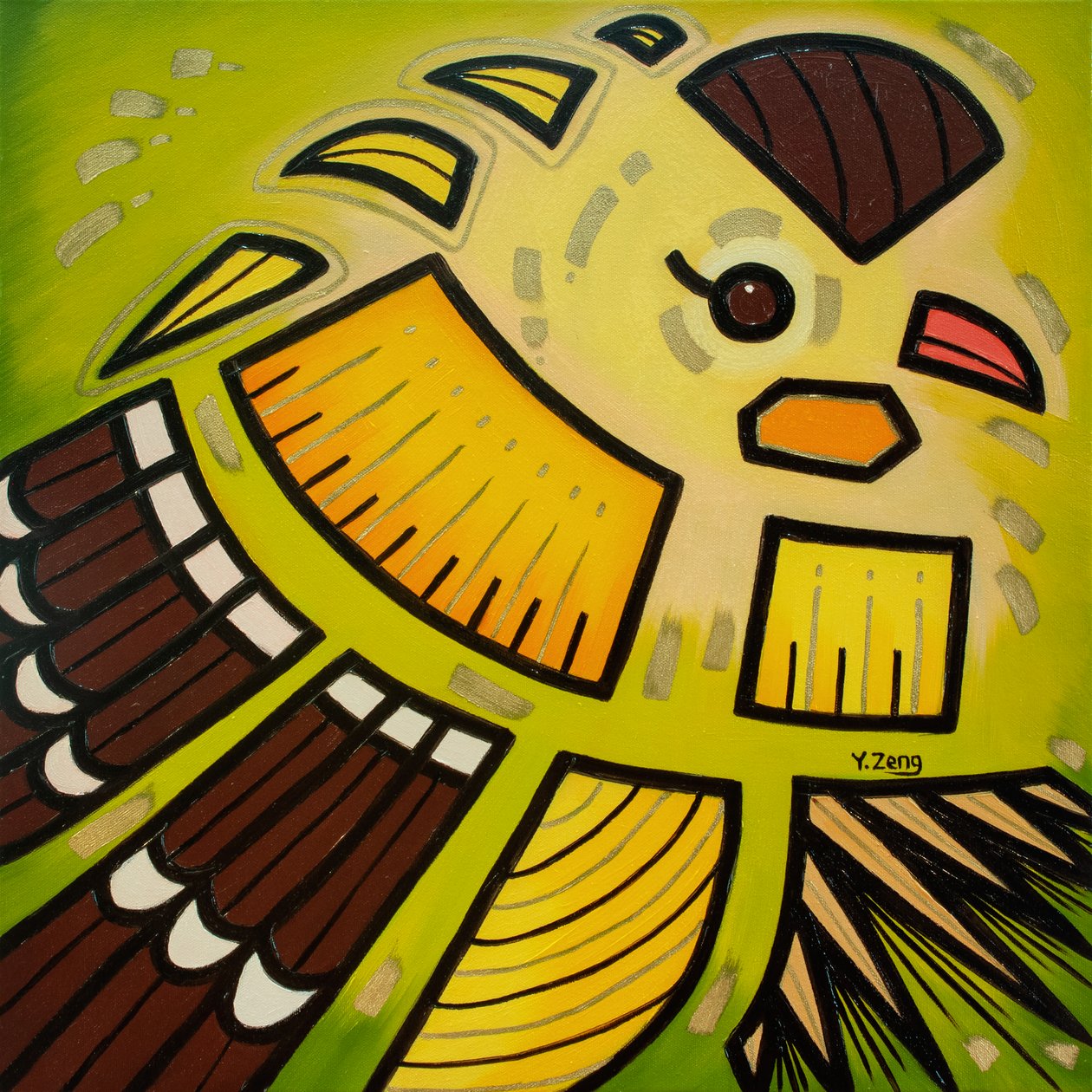 Pájaros de patio Pinzón dorado, 2023 (óleo sobre lienzo) de Yue Zeng
