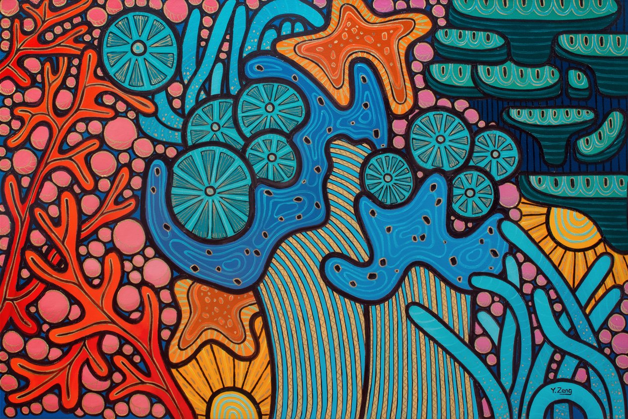 Coral reef blue, 2023 (técnica mixta sobre tablero de madera) de Yue Zeng