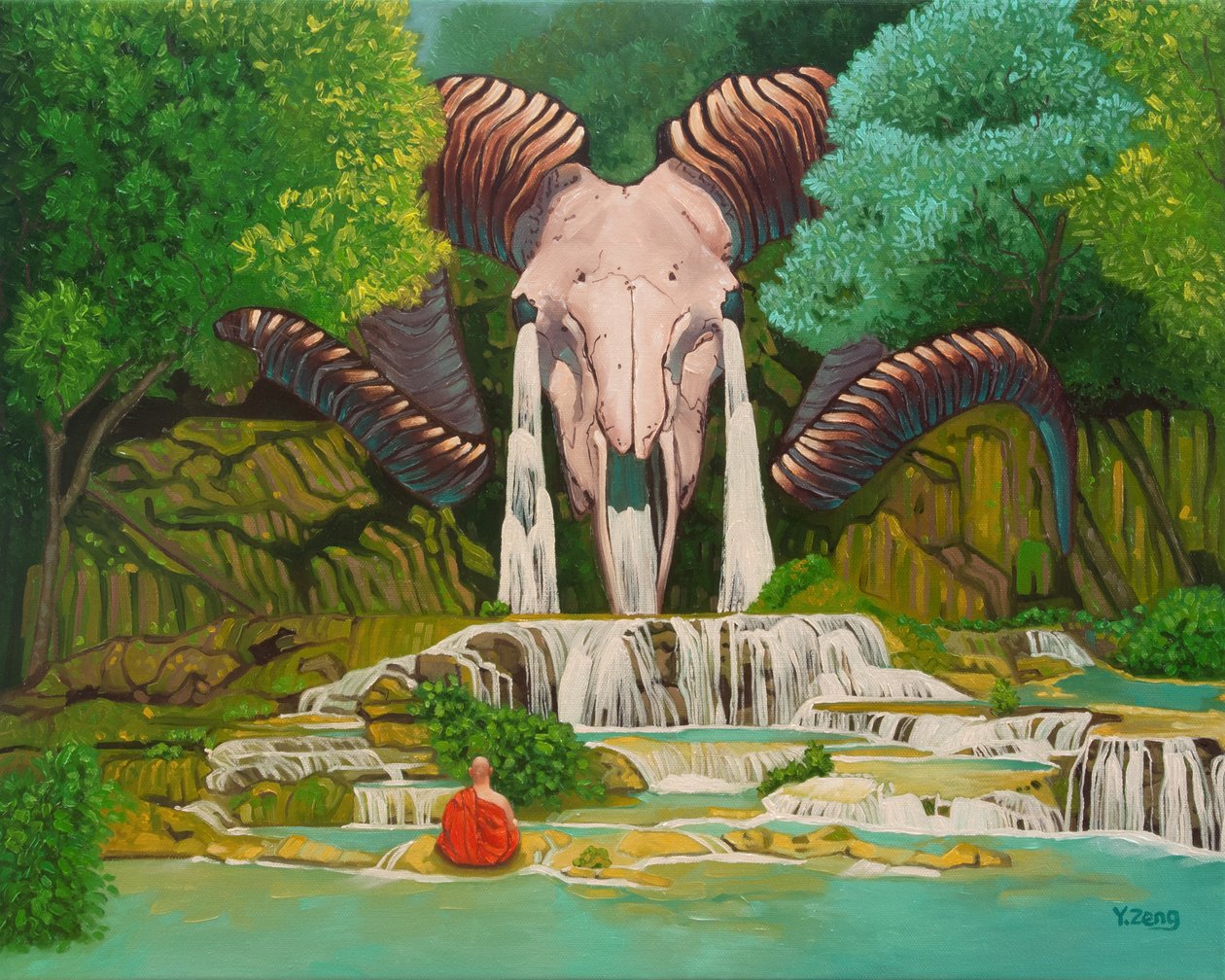 Cascada de calaveras de carnero, 2023 (óleo sobre lienzo) de Yue Zeng