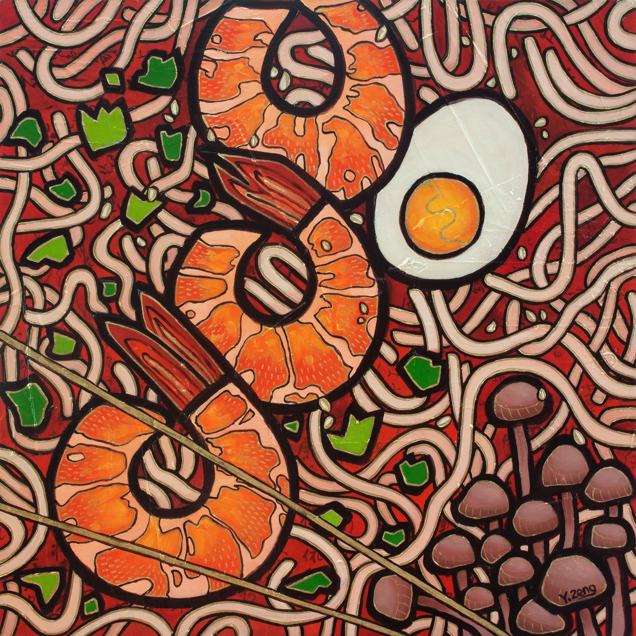 Ramen noodle Shrimp, 2023 (técnica mixta sobre tablero de madera) de Yue Zeng
