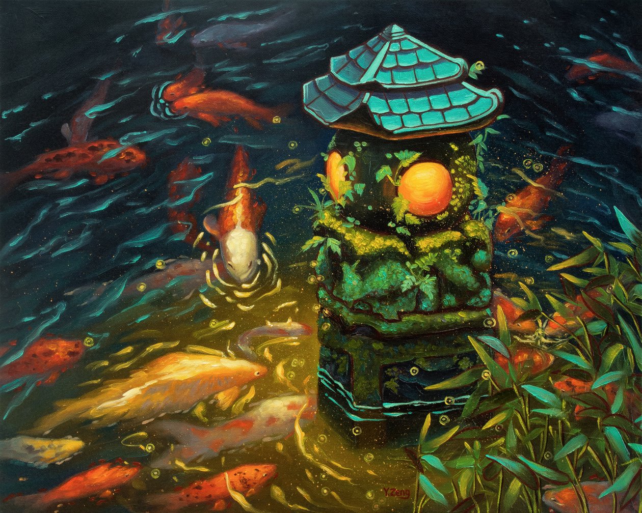 Farol de piedra con pez koi, 2023 (óleo sobre lienzo) de Yue Zeng