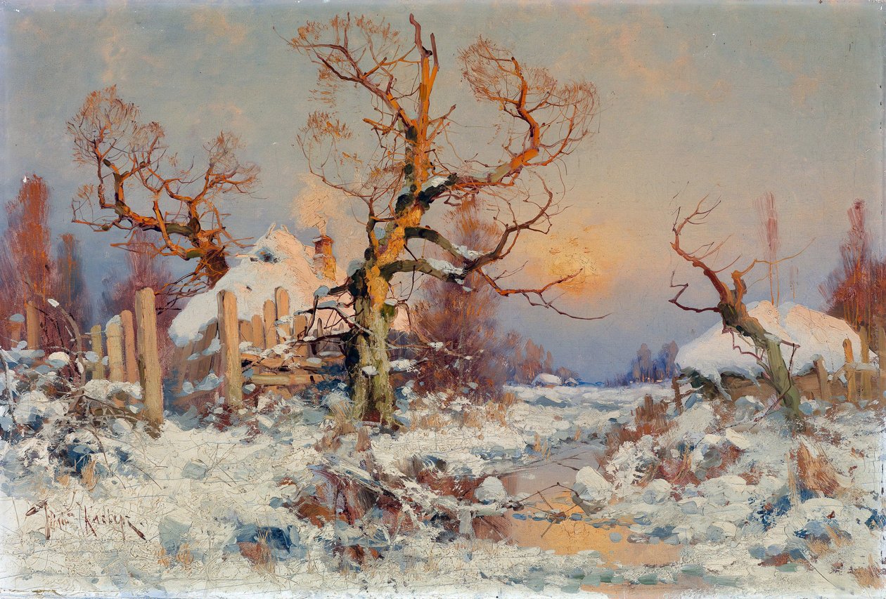 Paisaje de invierno en el sol vespertino. Pintura de Juli Julievich (Julius) von Klever (1850-1924), óleo sobre lienzo, finales del siglo XIX y principios del XX. Arte ruso, realismo. Colección privada. de Yuly Klever