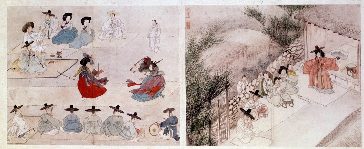 Arte coreano: escena de combate de mujeres de la vida cotidiana. Grabado por Sin Yun Bok (o Hyewon hizo en 1758). Siglo XVIII o XIX. Colección Hyung Pil Chun de Yun bok Sin