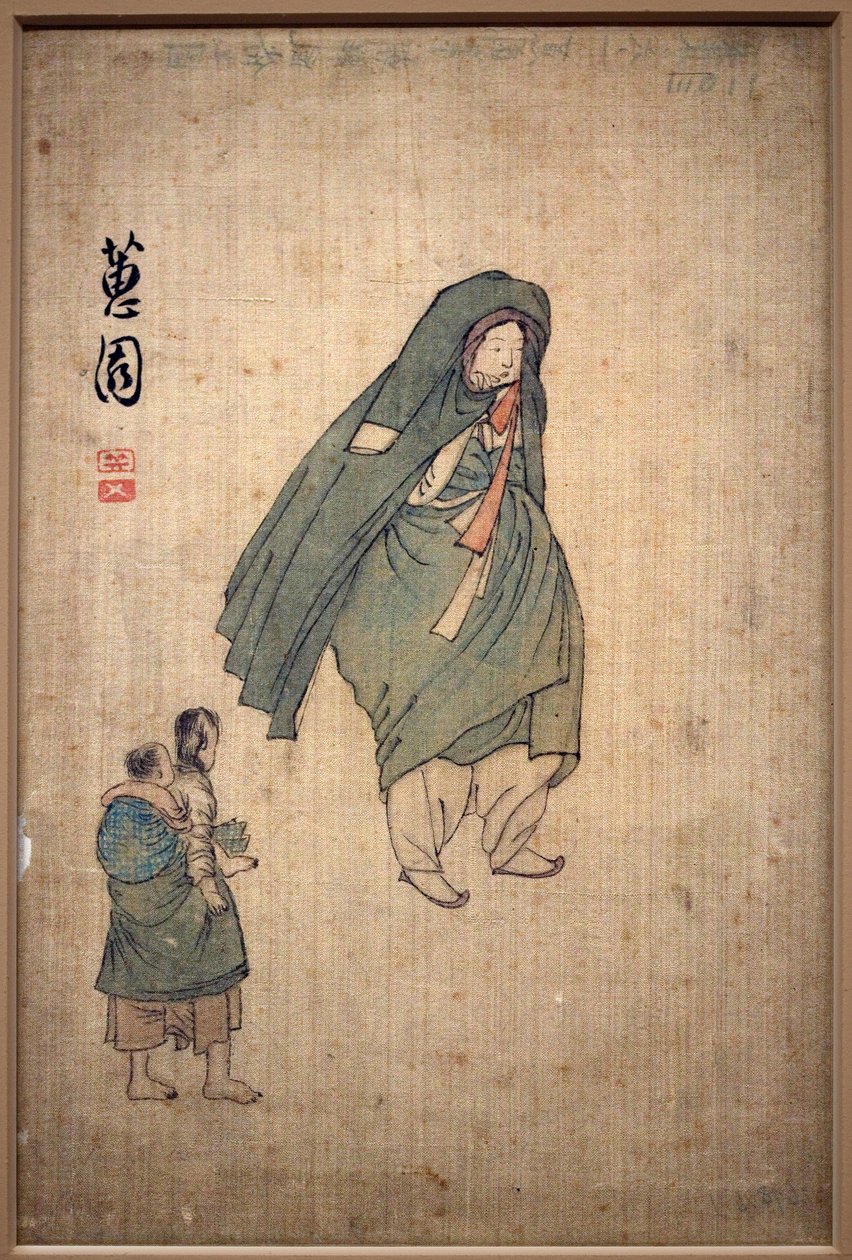 Mujer envuelta en su abrigo, pasando junto a dos niños. Pintura de Shin Yunbok (ca. 1758-1813), tinta sobre papel de Yunbok Shin