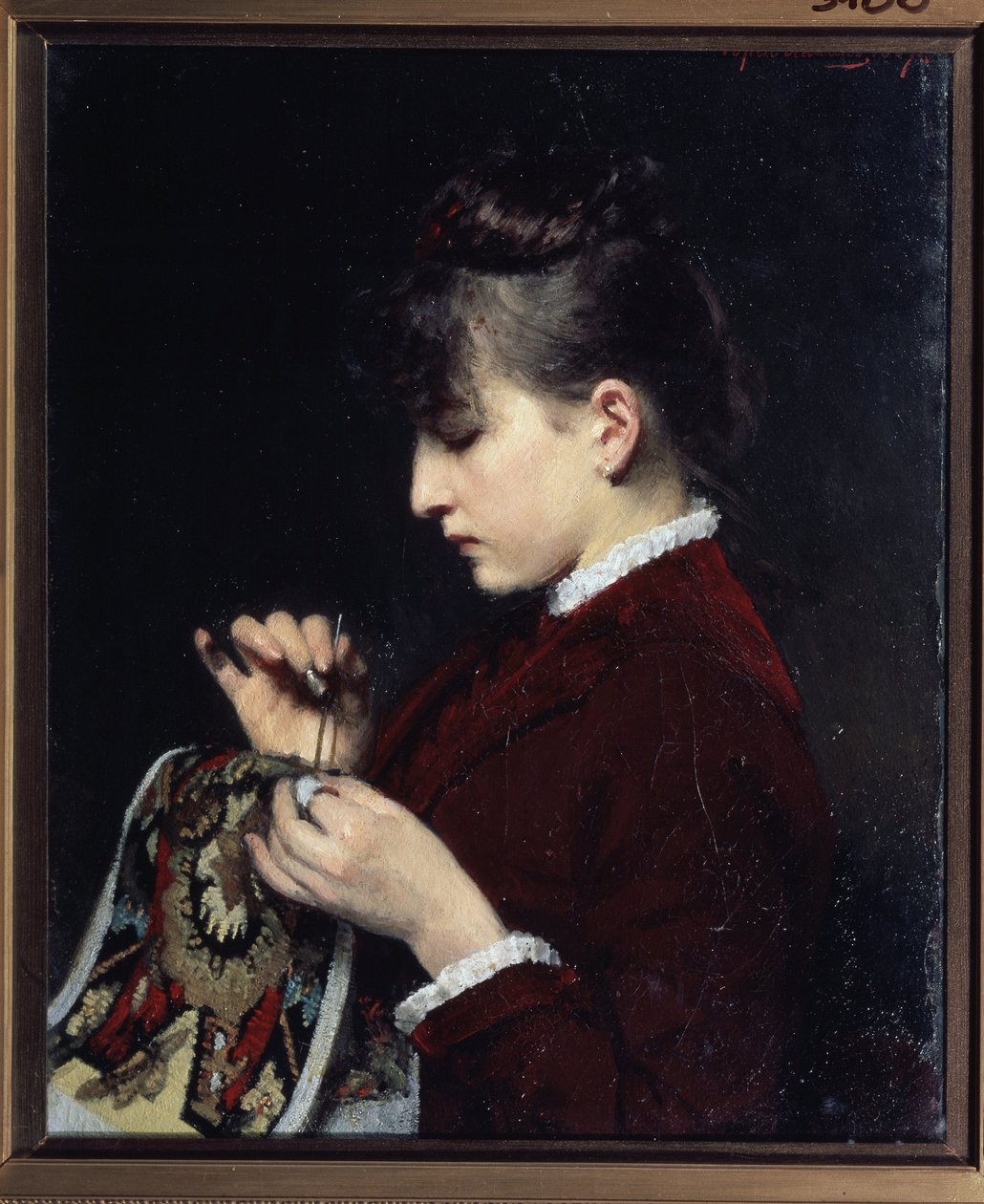 La bordadora. Chica joven de perfil, su rostro serio, concentrándose en su tarea, sus manos sosteniendo su trabajo y una aguja. Pintura de Yuri Jacovlevich Lehman (Youri Leman) (1834-1901), óleo sobre lienzo de Yury Jacovlevich Lehman