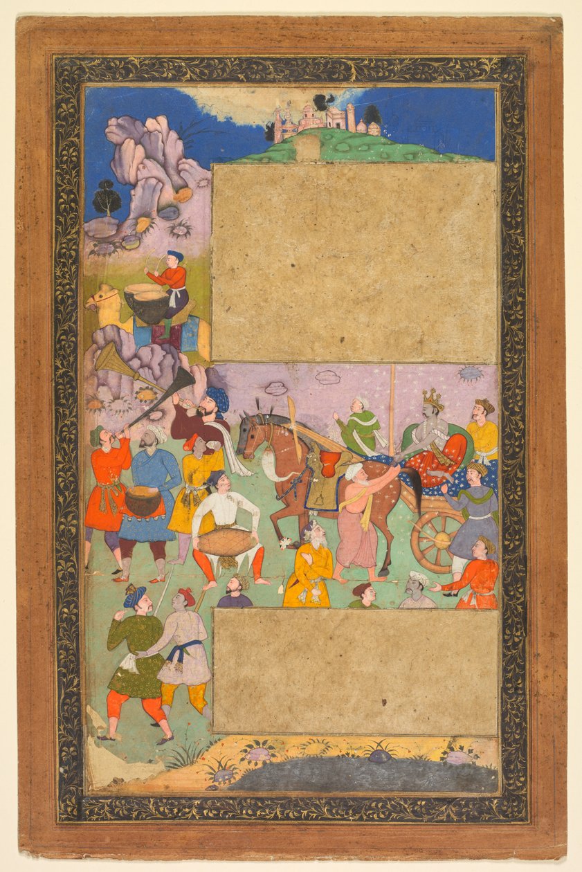 Un auriga atravesando un paisaje rocoso con un séquito de peatones y músicos..., 1616-16 de Yusuf Ali