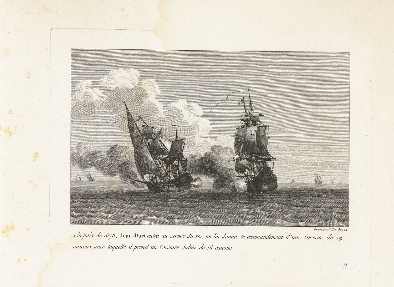 Jan Bart en dienst van de koning van Frankrijk, 1678 En la paz de 1678, Jean-Bart entró al servicio del rey, se le dio el mando de un Corvette de 14 cañones, con el que tomó un Corsair Saltin de 16 cañones (título sobre objeto) colección de peines de Yves Marie Le Gouaz