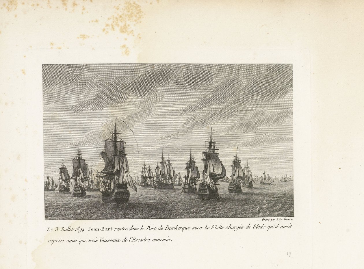 Jan Bart vaart Duinkerke binnen conoció a de heroverde graanschepen, 1694 El 3 de julio de 1694 Jean-Bart regresa al Puerto de Dunkerque con la Flota cargada de sangrados que había tomado, así como tres Buques de la Escuadra enemiga (título sobre objeto) R de Yves Marie Le Gouaz