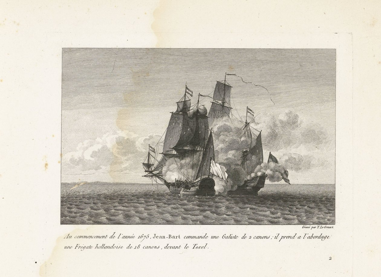 Jan Bart verovert een Hollands fregat bij Texel, 1675 A principios del año 1675, Jean-Bart comanda un Galiote de 2 cañones: abordó una fragata holandesa de 18 cañones, frente al Texel (título sobre objeto) Colección de peleas de Jean-B de Yves Marie Le Gouaz