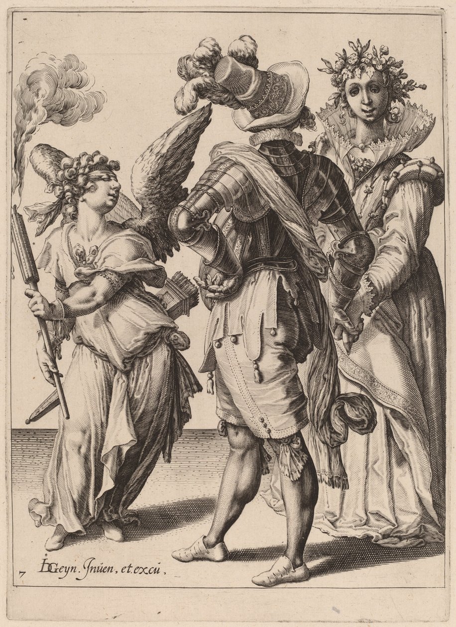 Cupido con los ojos vendados sosteniendo una antorcha frente a una pareja de Zacharias Dolendo after Jacques de Gheyn II