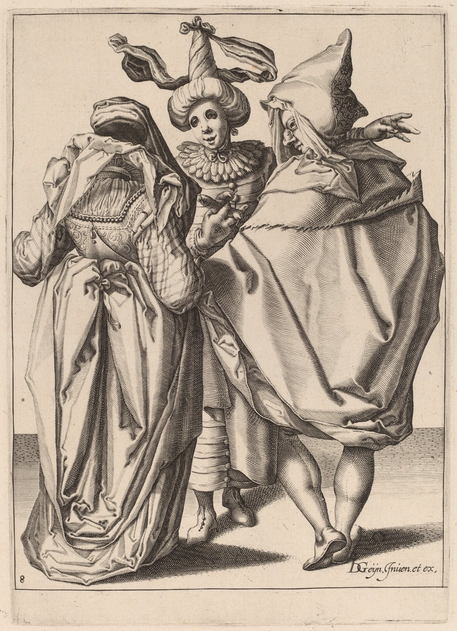 Una pareja hablando con un joven gesticulante de Zacharias Dolendo after Jacques de Gheyn II