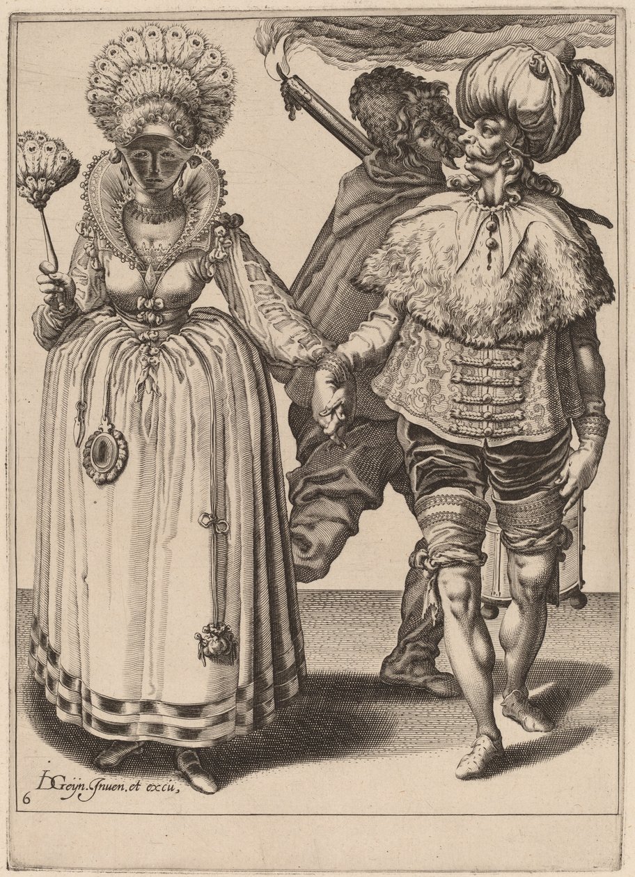 Un hombre con turbante guiando a una mujer con plumas de pavo real de Zacharias Dolendo after Jacques de Gheyn II