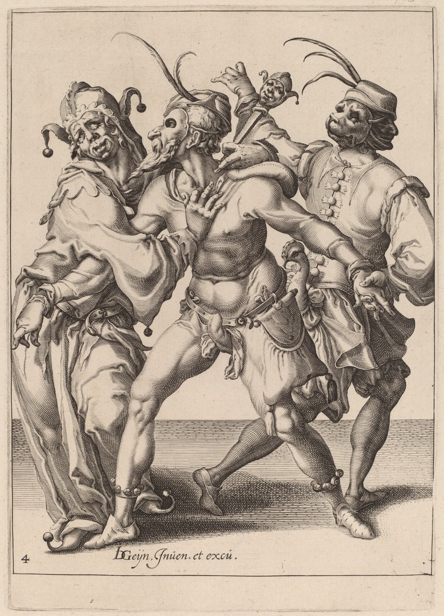 Tres mimos danzantes, incluyendo un bufón de Zacharias Dolendo after Jacques de Gheyn II