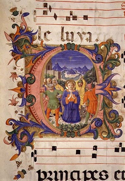 El martirio de San Esteban representado en una inicial historiada, el borde iluminado por Filippo di Mateo Torelli, de un libro de coro ejecutado antes de 1449 de Zanobi di Benedetto Strozzi