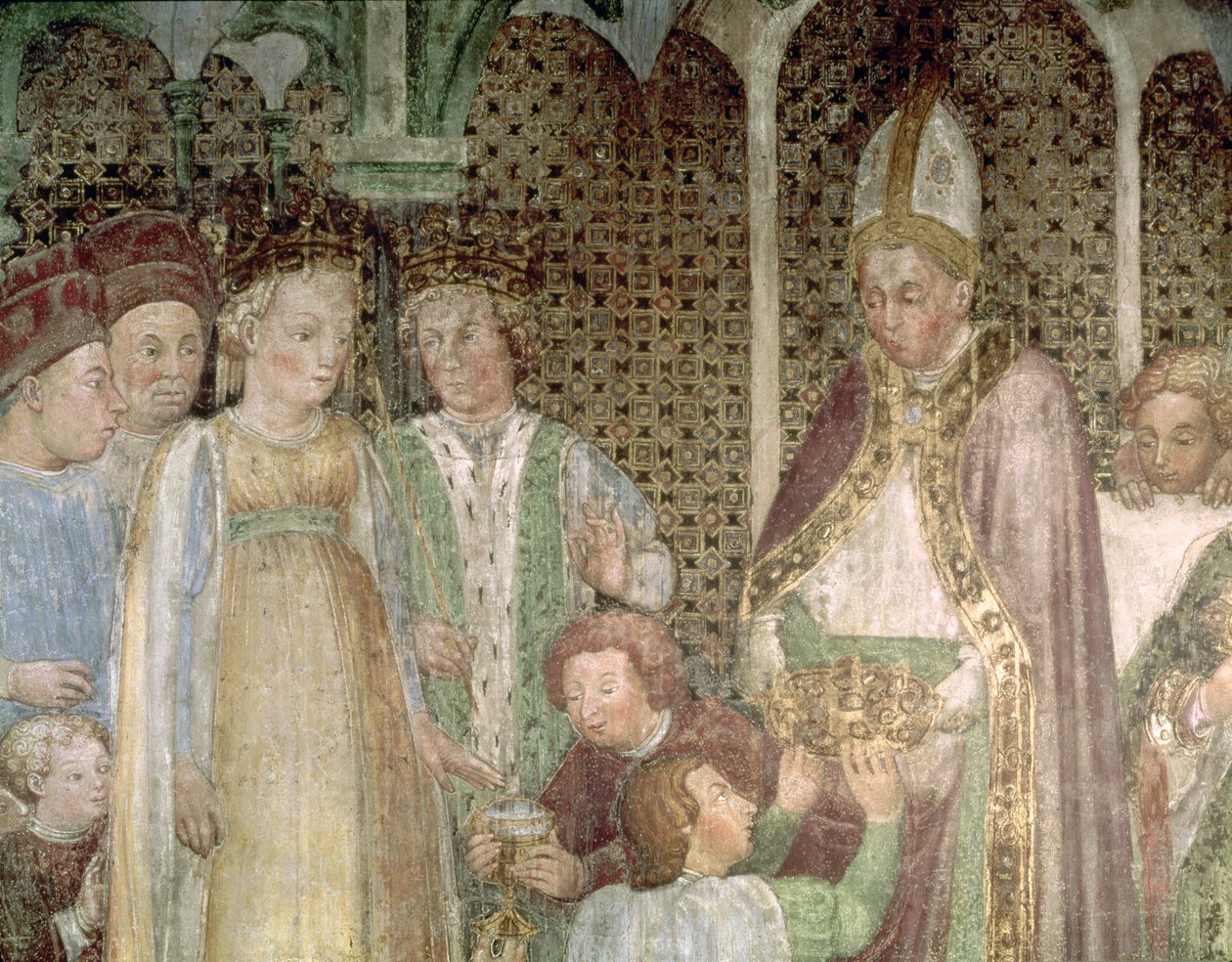 La Reina Teodolinda y el Papa Gregorio el Grande (c.540-604) Intercambiando Regalos, 1444 de Zavattari Family