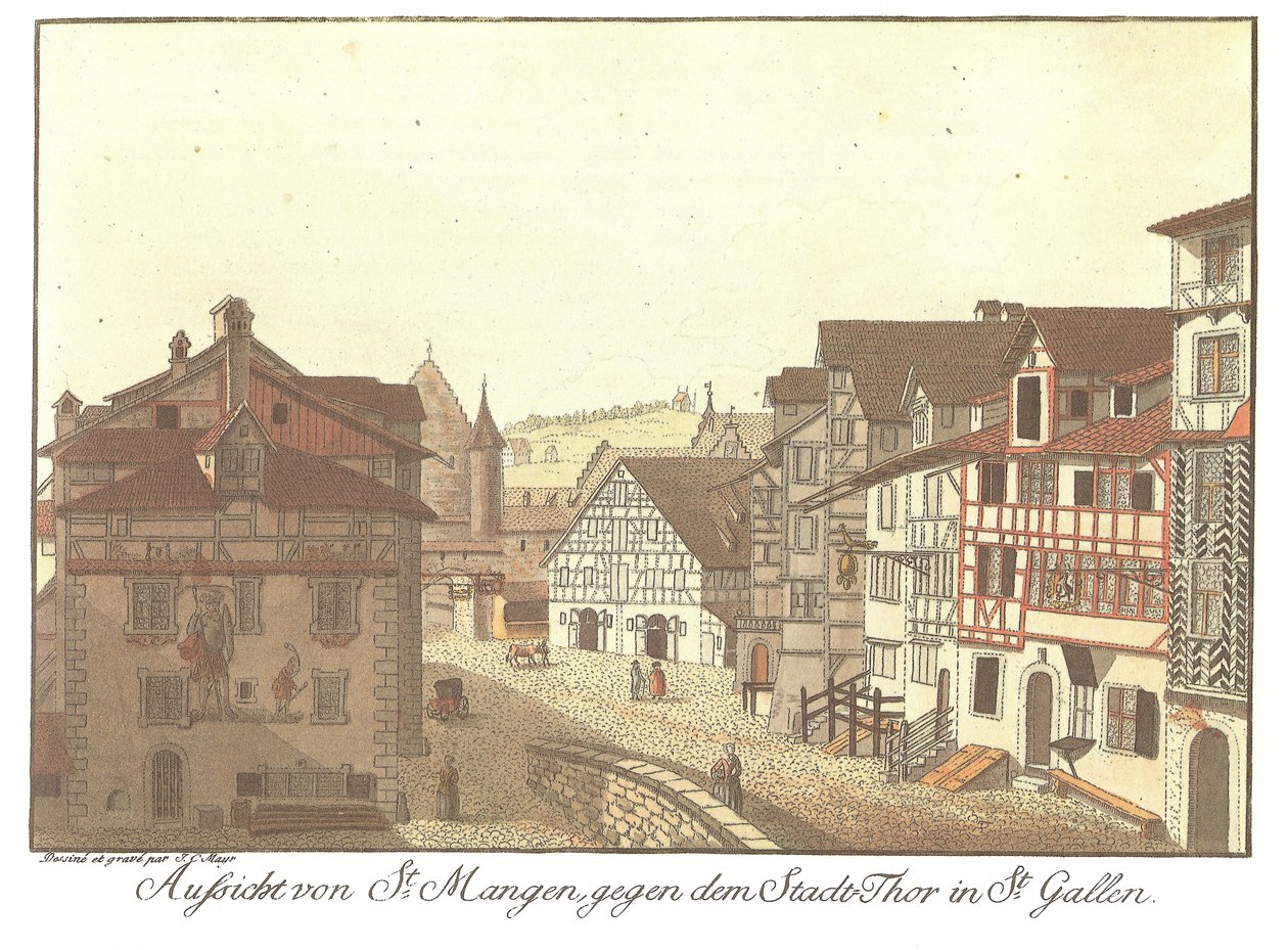 Vista de St. Mangen hacia la Puerta de la Ciudad en St. Gallen de Zeichner und Kupferstecher