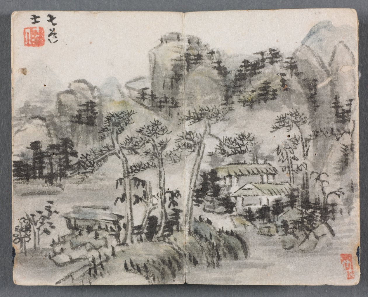 Miniature Album with Figures and Landscape (Landscape with Two Buildings) de Zeng Yandong