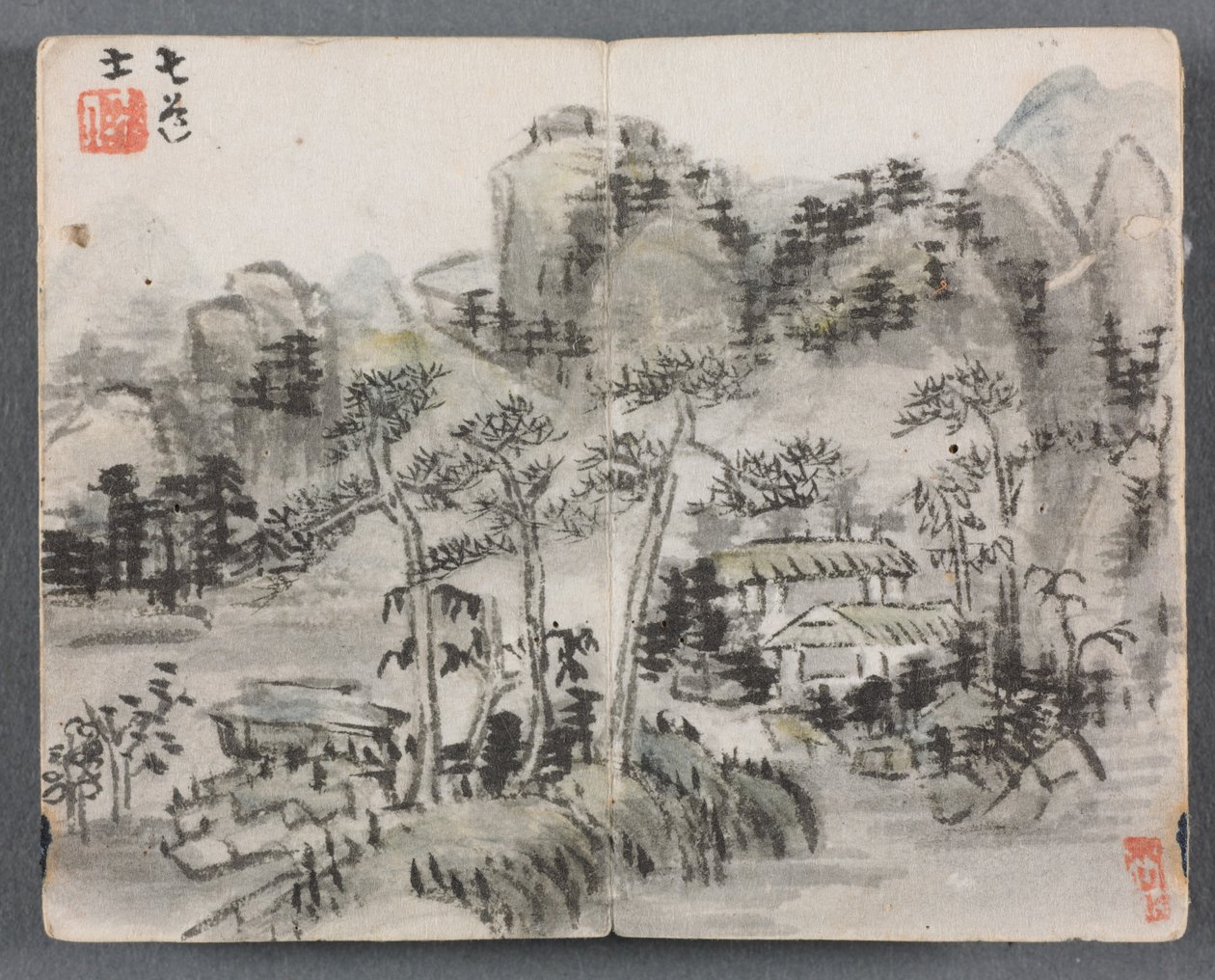 Álbum en miniatura con figuras y paisaje con dos edificios, 1822 de Zeng Yangdong
