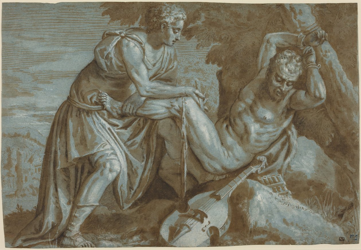 Apolo y Marsias, c.1600 (dibujo a tinta) de Zenon Veronese