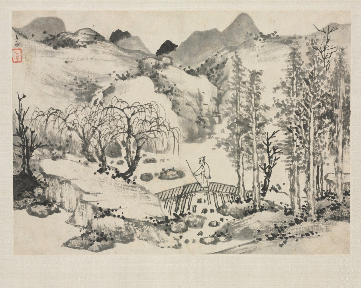 Álbum de paisajes en varios estilos: Paisaje con artista en un puente de Zha Shibiao