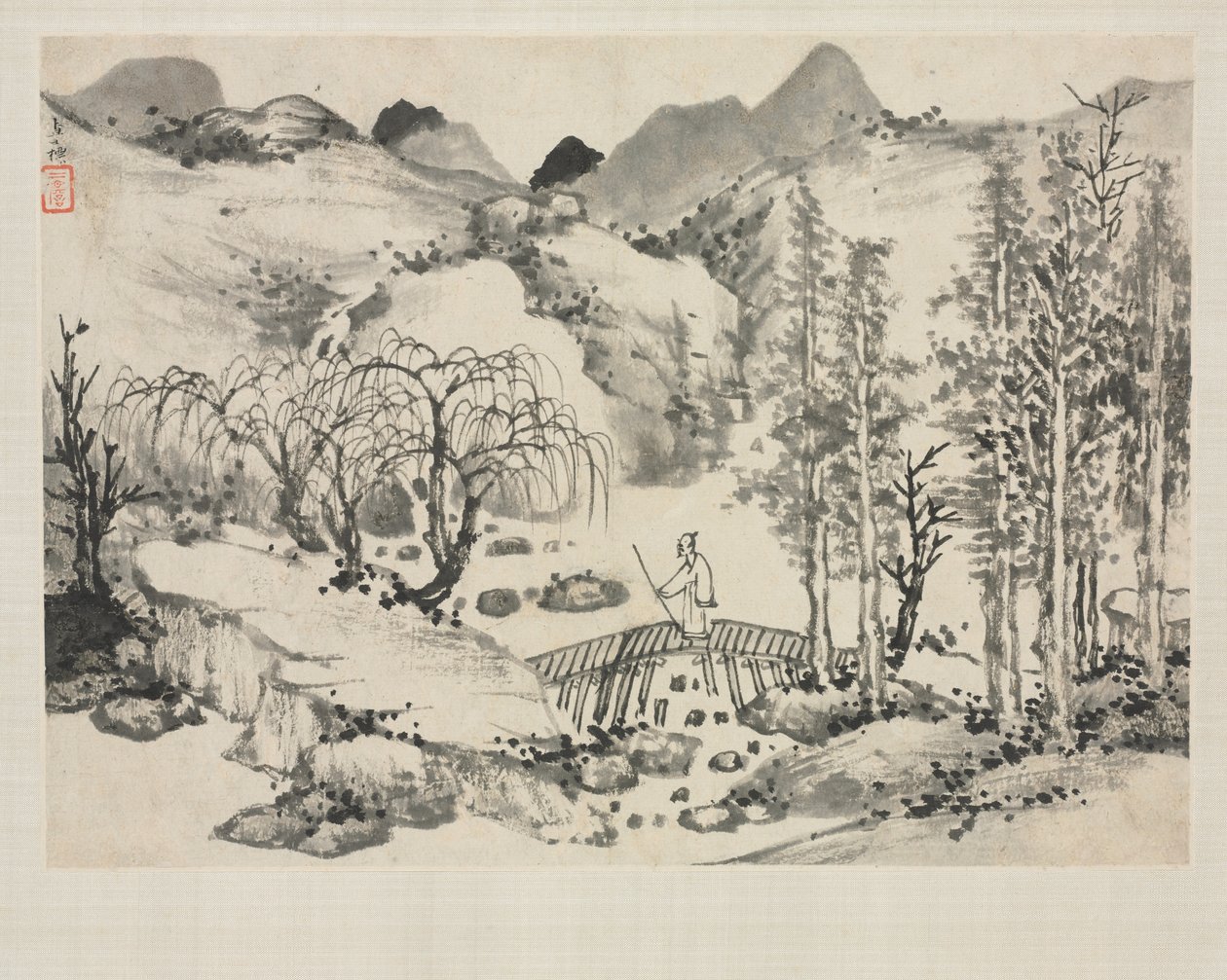 Álbum de Paisajes en Varios Estilos: Paisaje con Artista en un Puente, 1684 de Zha Shibiao