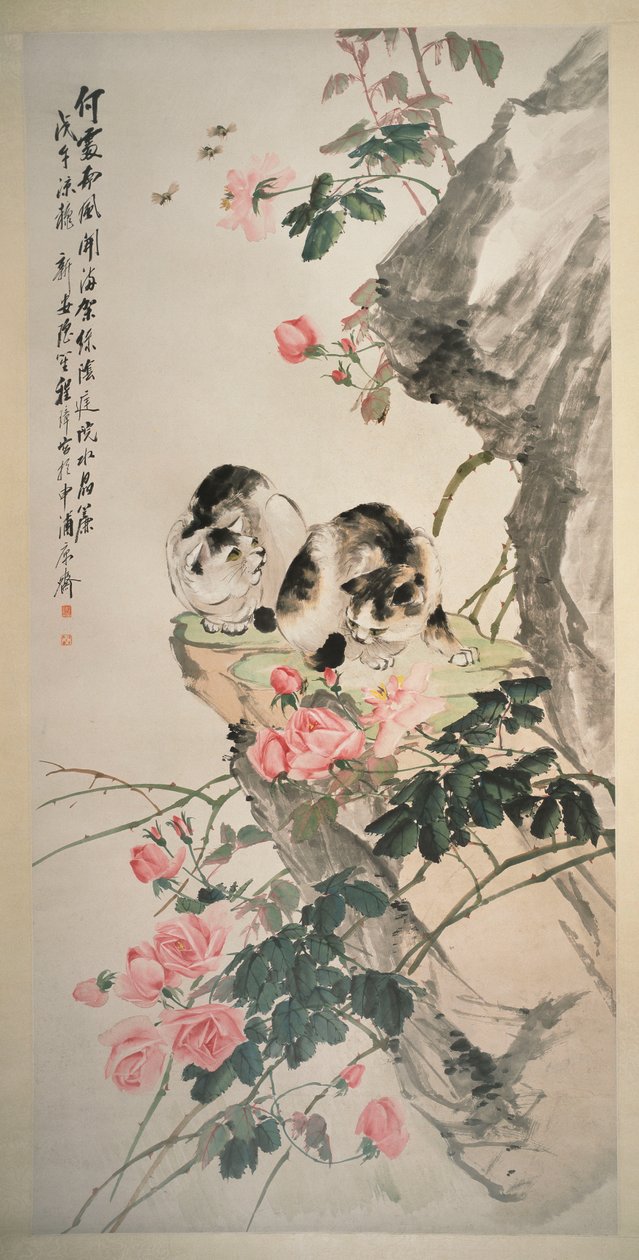 Gatos en una roca con rosas de Zhang Cheng