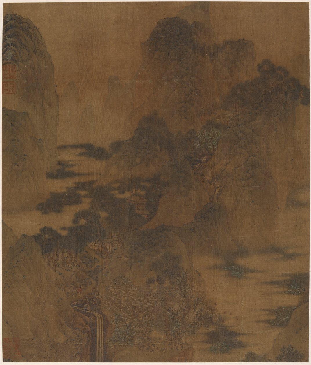 Paisaje: desfiladero de montaña, niebla, un arroyo y edificios, dinastía Ming, siglo XVII de Zhang Hong