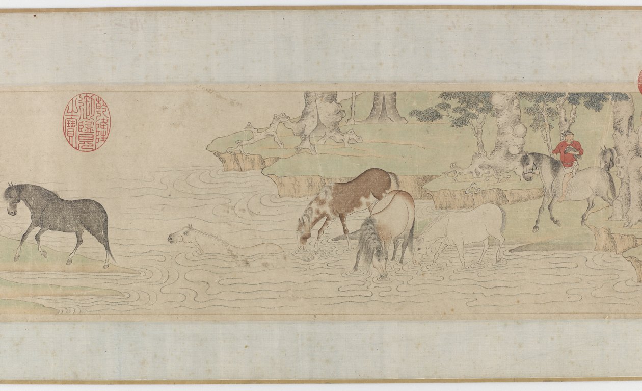 Caballos y mozos cruzando un río, dinastía Yuan o principios de la dinastía Ming, siglo XIV de Zhao Mengfu Chao Meng Fu or