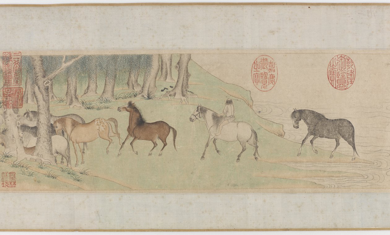 Caballos y mozos cruzando un río, dinastía Yuan o principios de la dinastía Ming, siglo XIV de Zhao Mengfu Chao Meng Fu or