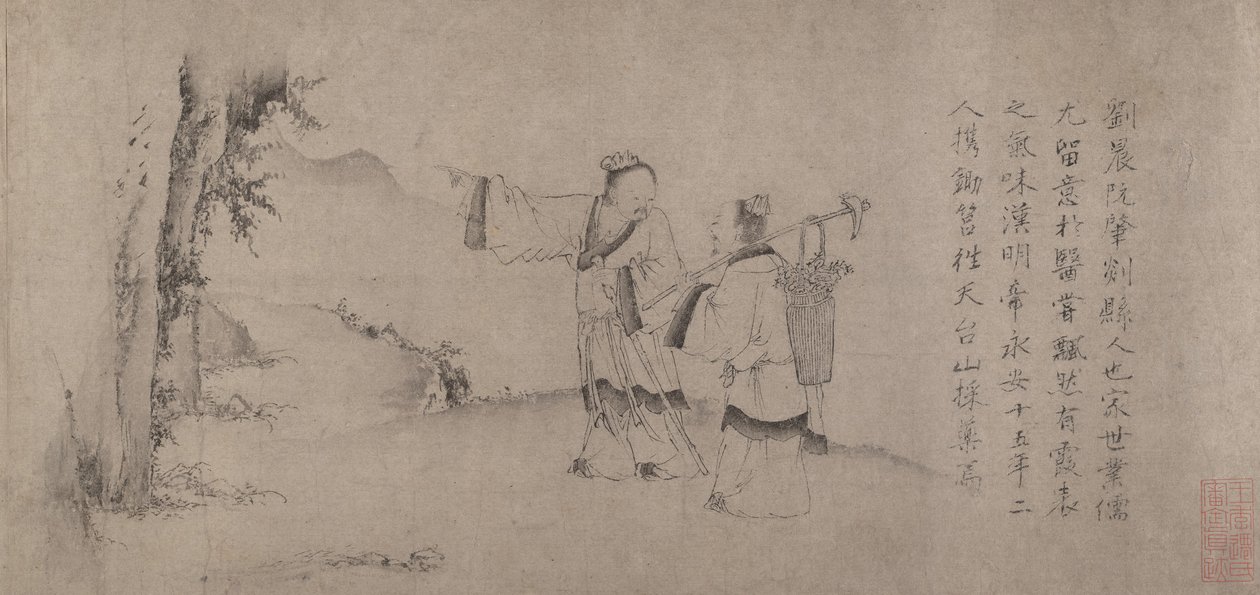 Liu Chen y Ruan Zhao entrando en las montañas Tiantai de Zhao Cangyun