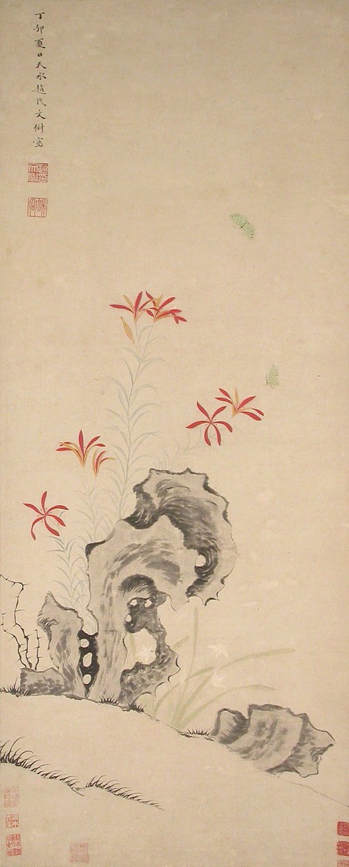 Roca, lirio tigre y orquídea de Zhao Wenchu