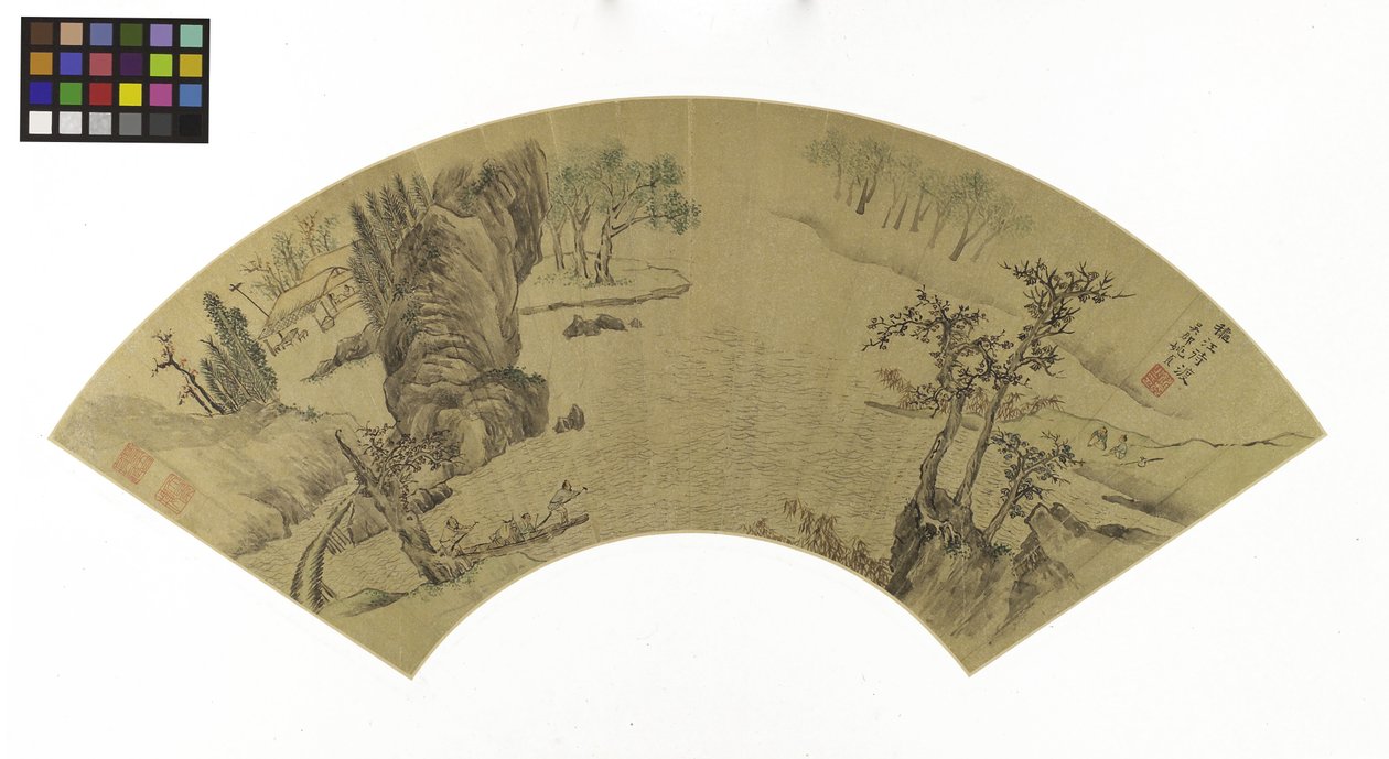 Paisaje con hombres y burro cruzando un río de Zhen Yao