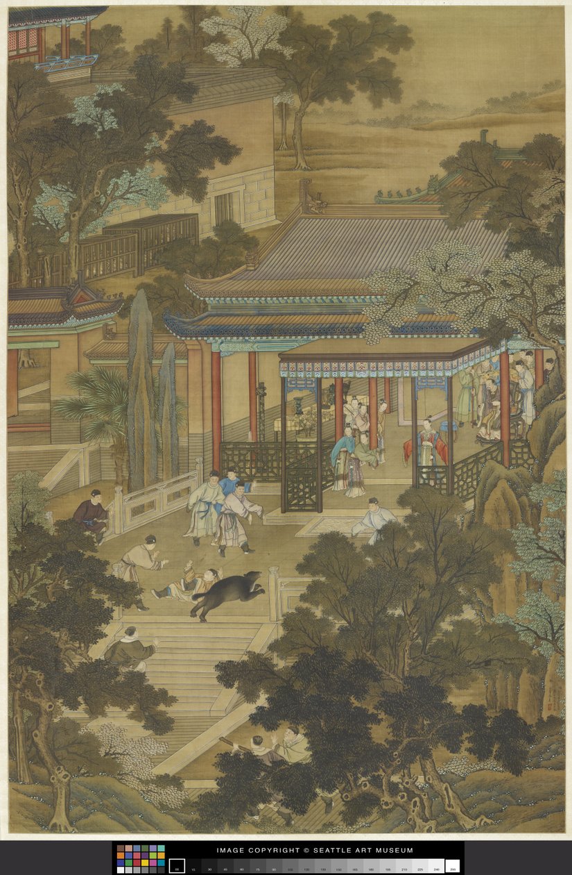 Jieyu defendiendo al emperador de un oso,
c.1740 (tinta y color sobre papel) de Zhidao Cheng