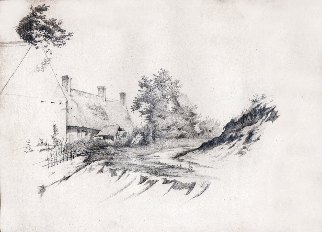 Una granja con techo de paja en el centro de Francia. ca 1850 de . .