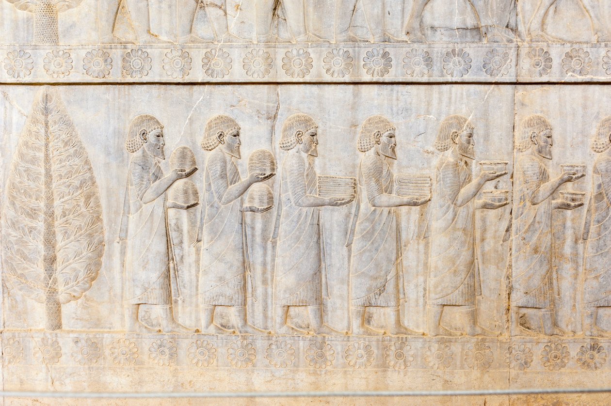 Relieve antiguo de los aqueménidas; delegación de los jonios; Palacio de Apadana; sitio arqueológico; antigua ciudad persa Persépolis; Patrimonio de la Humanidad por la UNESCO; Provincia de Fars; Irán; Asia de Frederick (attr. to) Barnard