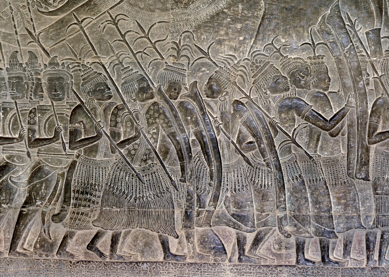 Angkor Wat, Angkor, Camboya, principios del siglo XII con adiciones posteriores. Este detalle de los relieves en la galería muestra al pueblo tailandés marchando como aliados del ejército jemer (detalle) de Hippolyte Lalaise Devéria