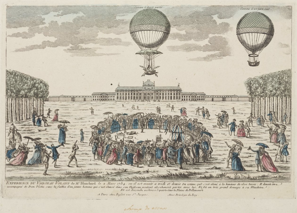 Primer ascenso de Blanchard en un globo, 2 de marzo de 1784 de Frederick (attr. to) Barnard