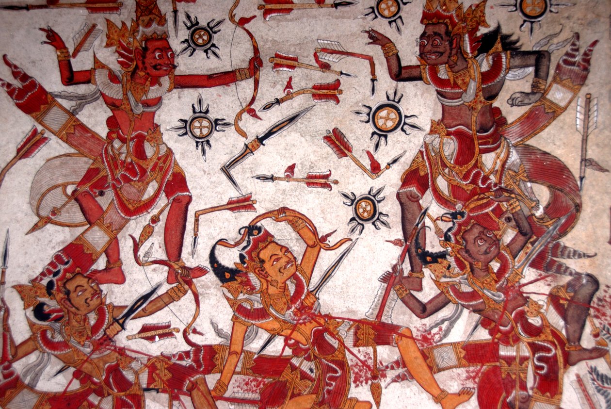 Pintura en el techo en el Palacio Real; Batalla de los Dioses; Kerta Gosa; palacio Taman Gili; Klungkung; Semarapura; Bali; Indonesia; Sudeste Asiático; Asia de Frederick (attr. to) Barnard