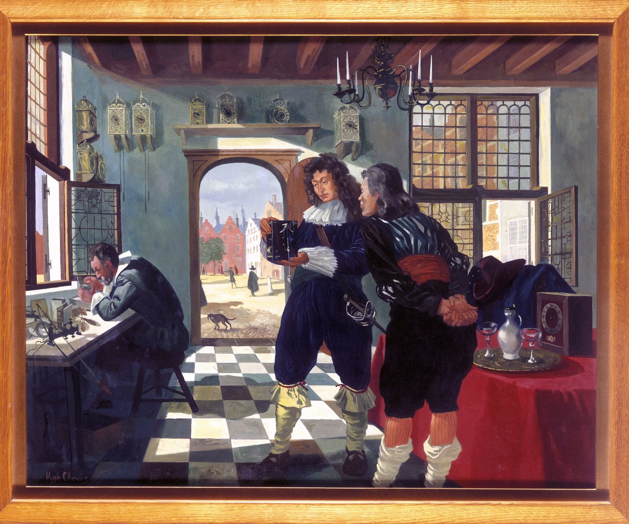 Relojeros Christiaan Huygens en la tienda de relojeros de Salomon Coster de Frederick (attr. to) Barnard