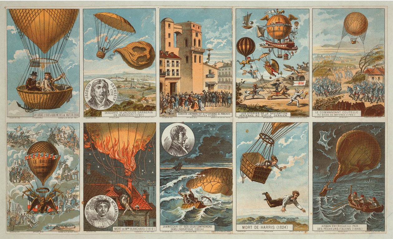 Tarjetas de Colección con Imágenes de Eventos en la Historia del Vuelo en Globo de 1795 a 1846, c.1900 de . .